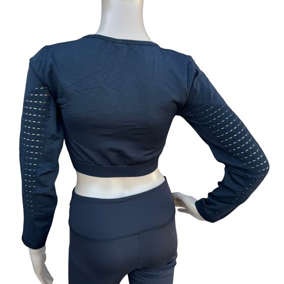 New Seamless Black Long Sleeve Cut Out Stretch Hollow Out Women Cropped Top M - Picture 5 of 6